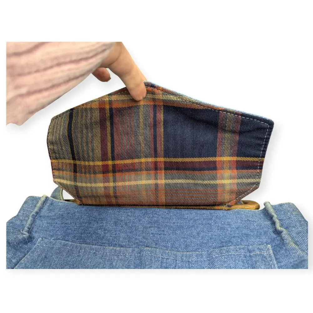 Ozark Mountain Handbags Casual Blue Denim Tote with Wooden Handles Plaid Lining